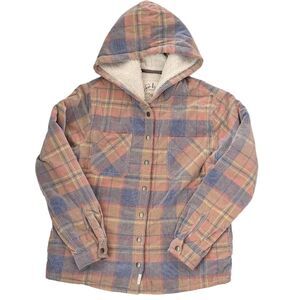 Soho Threads jacket L M corduroy Shacket hooded snap sherpa lined plaid tan